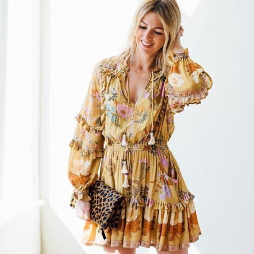 hippie vestido de bohemia de la vendimia amarillo s 796