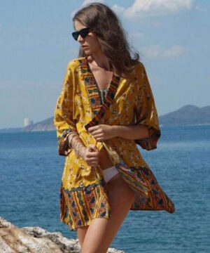 Hippie vestido kimono - Amarillo / M